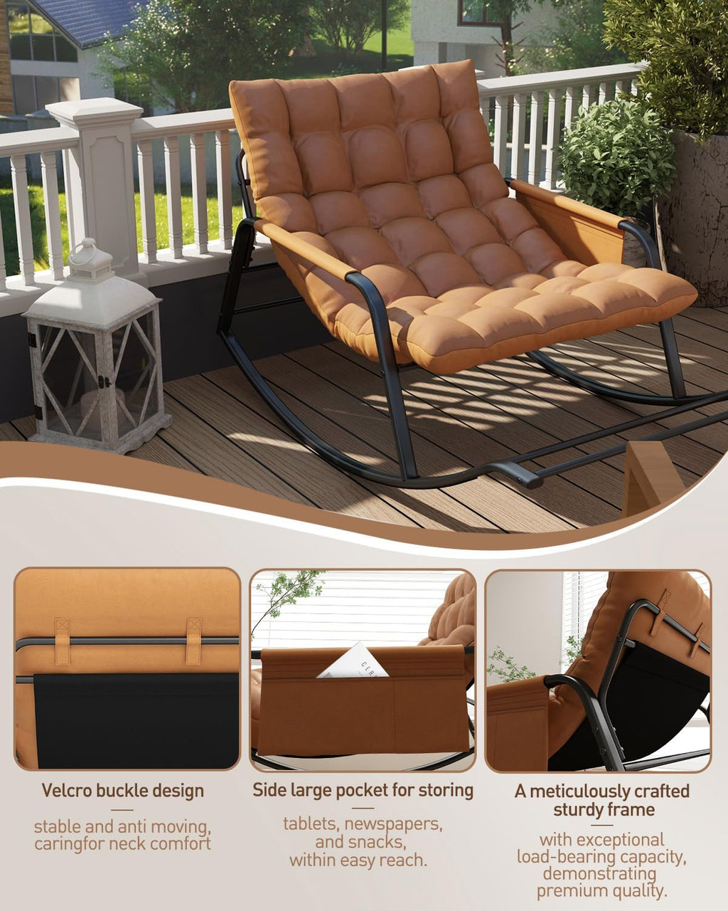 Oversized Indoor Rocking Chair, Plush Papasan Chair with Comfy Padded Cushions & Side Pocket, for Patio Garden, Porch, Lounge, Outdoor, Orange
