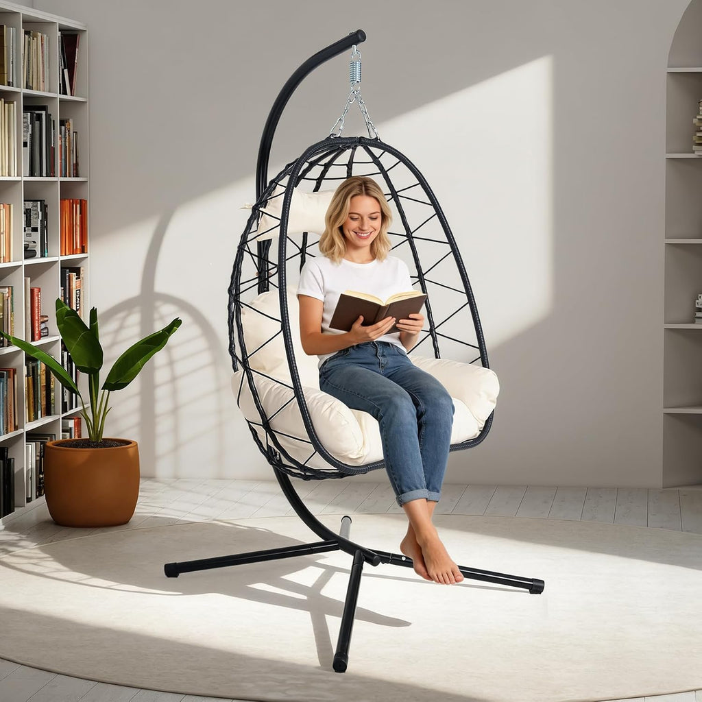 Egg Chair with Stand, Wicker Hanging Chair for Outdoor Patio, Cushioned Hammock Swing for Bedroom Garden Indoor/Outdoor, Double-Zipper Structure Hanging Egg Chair (Black and White)