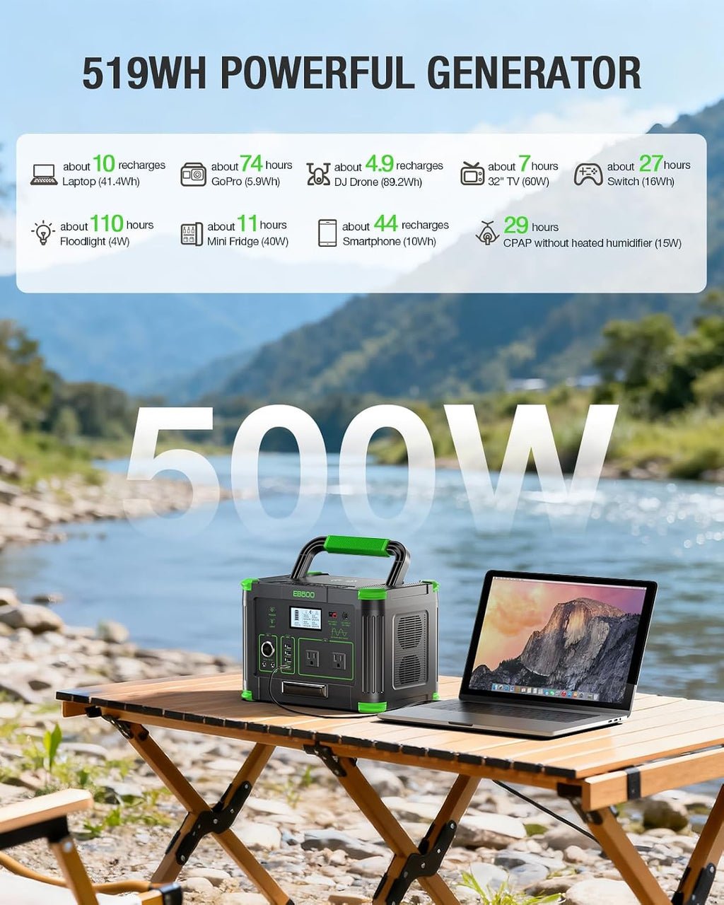 500W Portable Power Station 519.48Wh, Solar Generator with 60W USB-C PD Output, Built-in BMS 110V Pure Sine Wave AC Outlet Backup Lithium Battery for Outdoors Camping Travel Emergency (Peak 1000W)