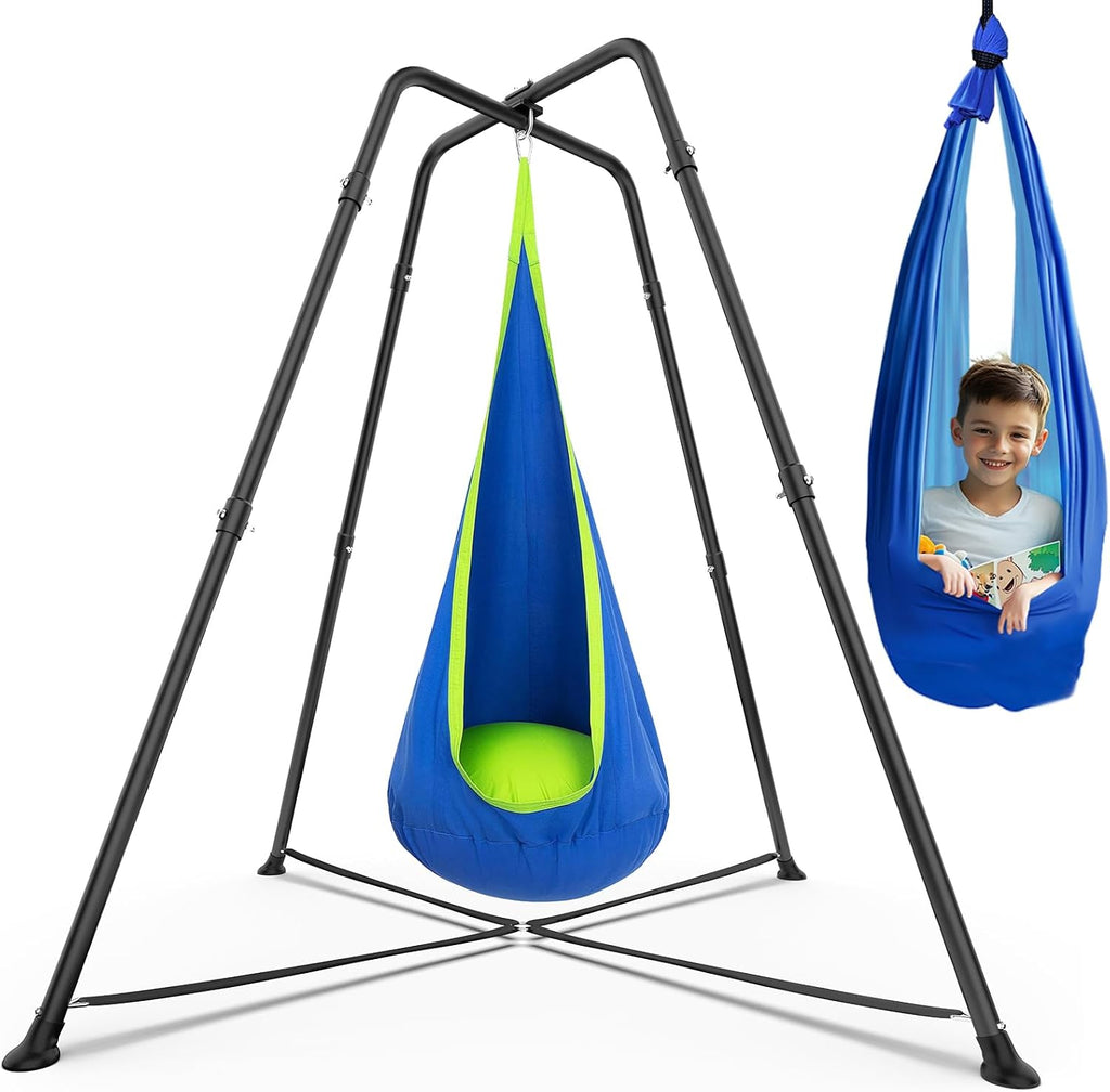Swing Stand Frame with Sensory Pod Swings and Chair, Sensory Swing Set, X-Shaped Swing Frame, Heavy-Duty Metal Hammock Chair Stand for Adults Indoor and Outdoor 330LBS(Blue)