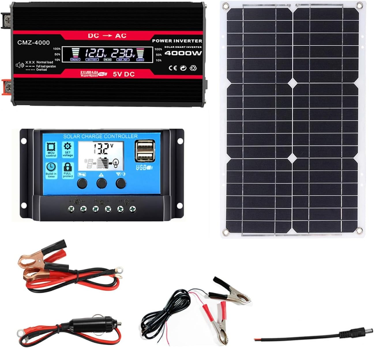 110V/220V 4000W Complete Solar Panel Kit with 30A Controller, 18W 12V Panel for Home, RV, Off-Grid, Generator(Color : Black, Size : 12V-220V)