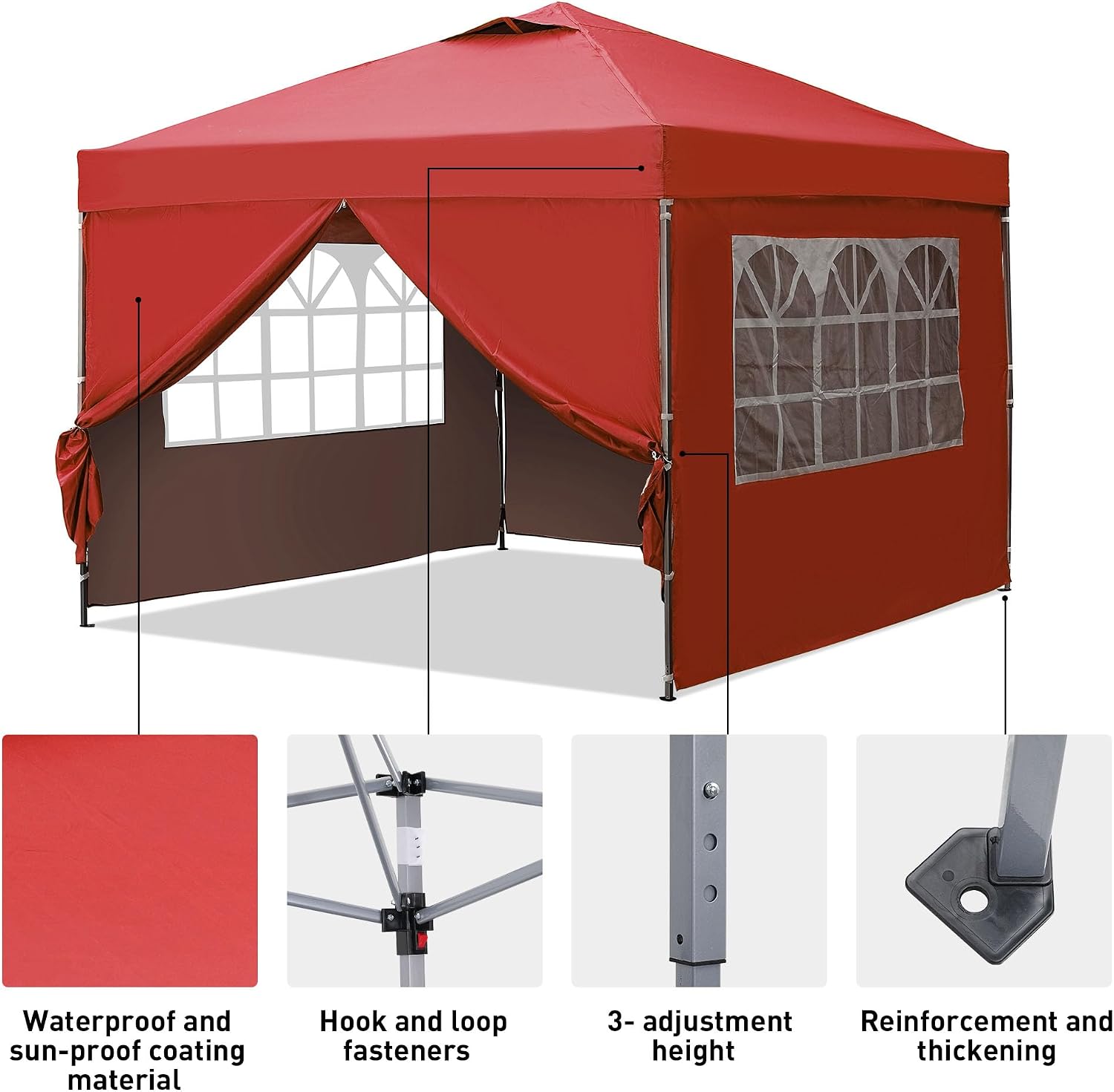 GDY 10x10 Easy Set Up Camping Canopy, Pop Up Tent with 4 Piece Sidewalls, Easy Up Canopy for Events, Parties, Gatherings, Camping, Red.
