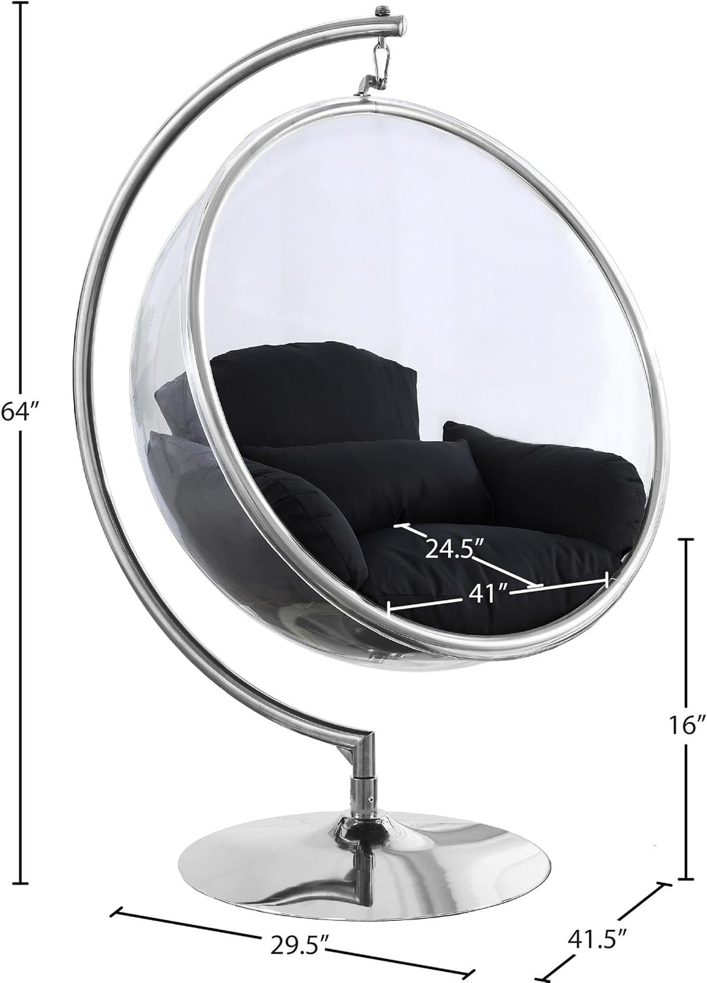Meridian Furniture 507Black Luna Collection Modern | Contemporary Clear Acrylic Accent Swing Chair with Durable Metal Base and Fabric Seat, Black, Chrome Finish, 41.5' W x 29.5' D x 64' H