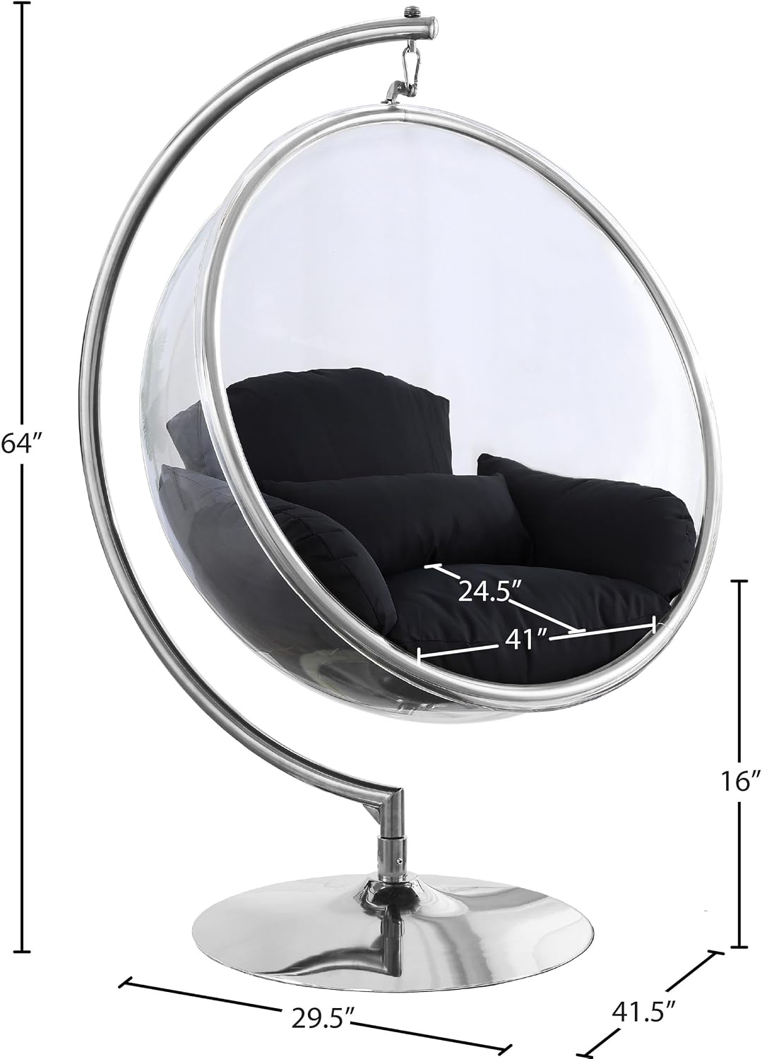Meridian Furniture 507Black Luna Collection Modern | Contemporary Clear Acrylic Accent Swing Chair with Durable Metal Base and Fabric Seat, Black, Chrome Finish, 41.5' W x 29.5' D x 64' H