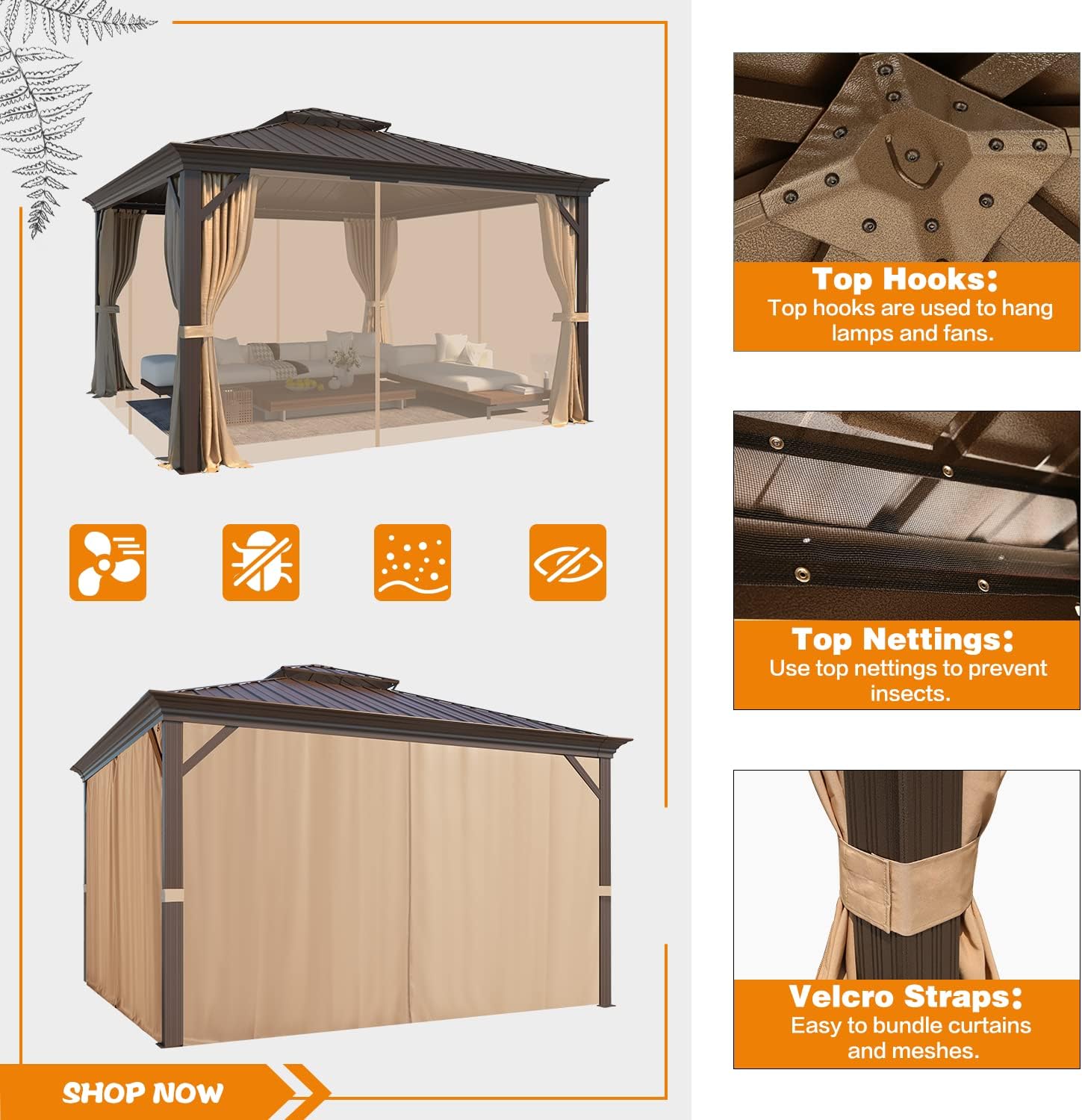EROMMY 12' x 12' Gazebo Hardtop Double Roof Galvanized Steel Gazebos with Netting and Curtains Outdoor Aluminum Frame Permanent Metal Pavilion for Patio Backyard Deck and Lawns