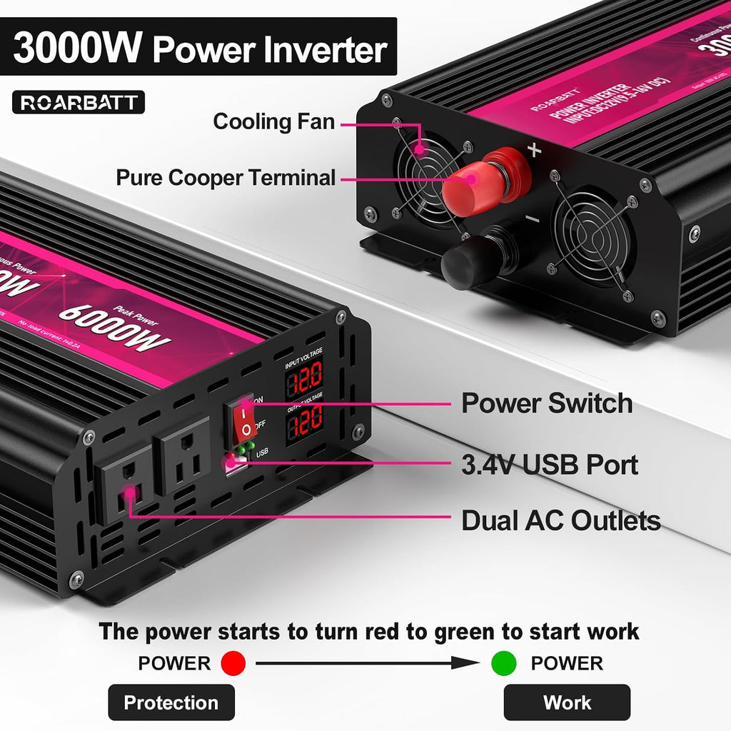 3000W Power Inverter 12V DC to 110V/120V AC, 6000W Peak Car Inverter with 2 AC Outlets, 2.4A USB Port & LCD Display, Portable Backup Power Converter for RV, Truck, Camping, Outdoor & Emergency