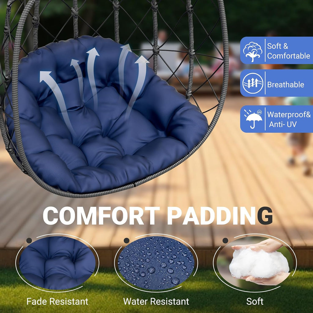 CHABATREE Double Egg Swing Chair with Stand - 2 Person Outdoor Patio Hanging Wicker Hammock Chair with Cushion, Dark Grey, for Garden, Lawn, Bedroom, Indoor/Outdoor Use
