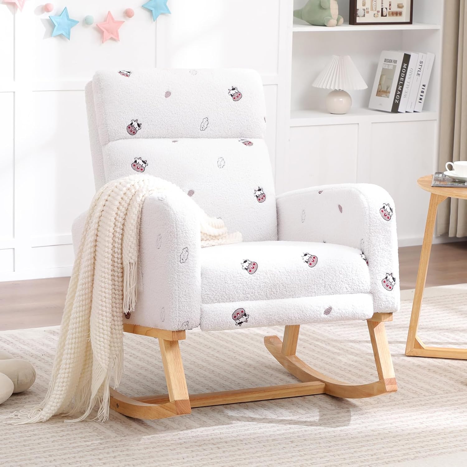 HCHAIRH Rocking Chair Nursery with Foot Rest, Nursing Rocking Chairs for Mom Breastfeeding, Teddy Rocker Glider Chair with High Backrest for Living Room, Bedroom, Cow Printed White