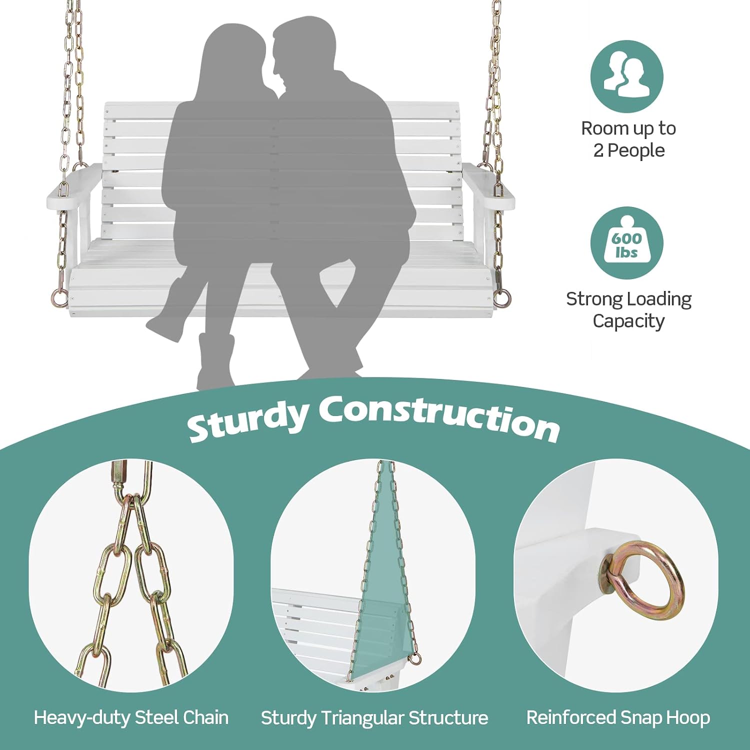 Giantex Wooden Porch Swing 2 Seat - Outdoor Swinging Chairs with Hanging Chains, 600 lbs Weight Capacity, 4 FT Finished Fir Wood Bench Swing for Patio, Outside, Garden, Lawn, Backyard (White)