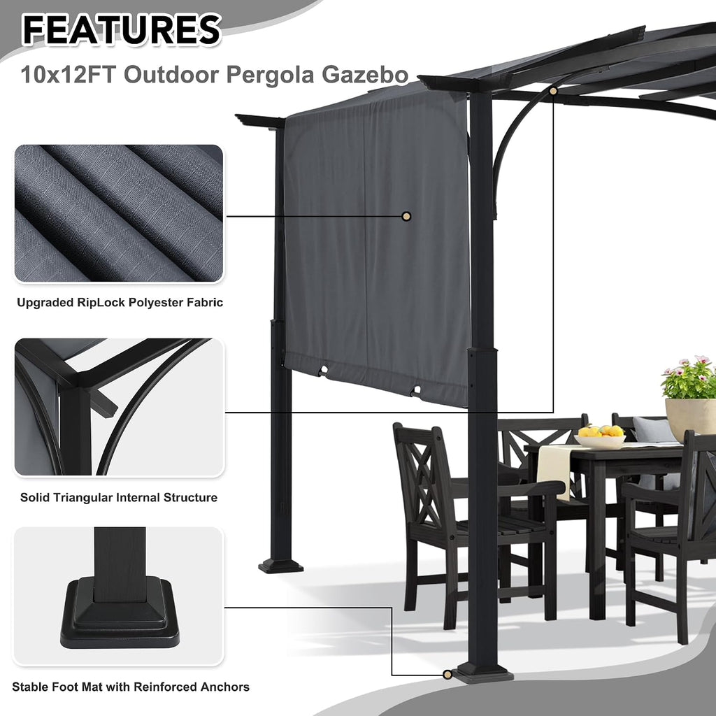MASTERCANOPY 10x12ft Outdoor Retractable Pergola with Sun Shade Canopy Patio Metal Garden Pergola,Dark Grey