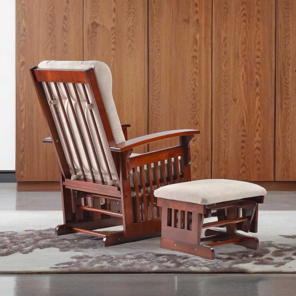 Glider Rocking Chair Nursery with Ottoman Smooth Rocking Motion, Easy to Assemble, Solid Hardwood Base Indoor Adult (Cream White)