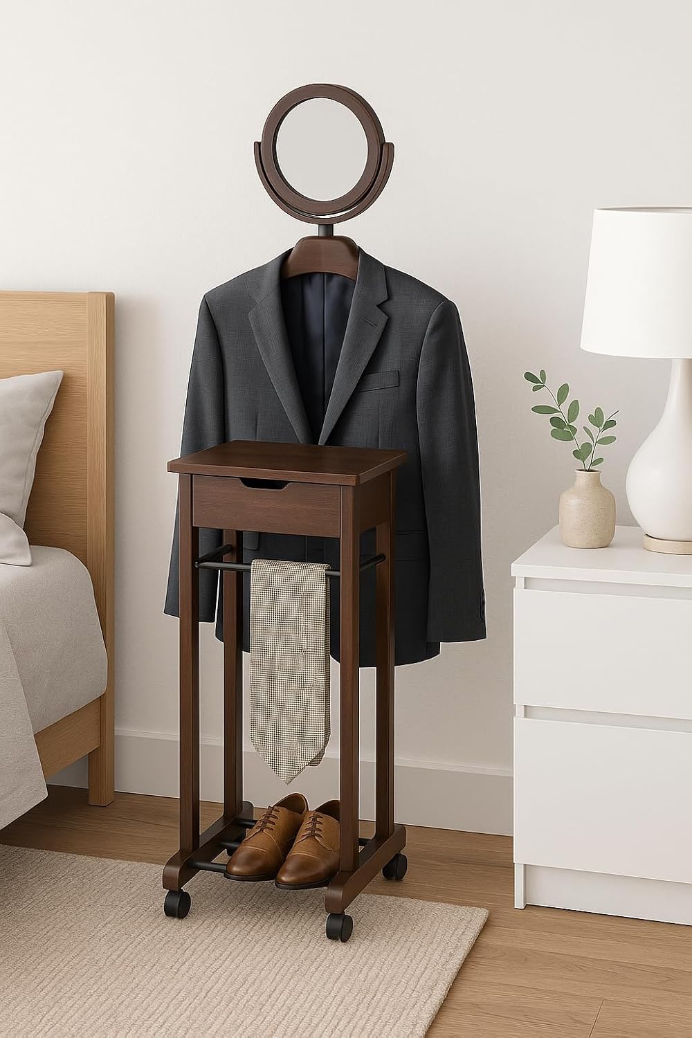 Ergode Mens Valet Stand – Clothes Valet, Suit Rack, Cloth Stand, Valet Chair & Jacket Display Organizer for Men's Clothing & Accessories (Walnut)