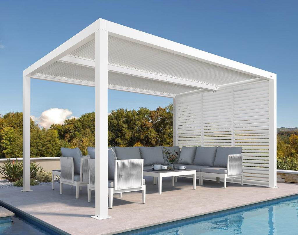 PURPLE LEAF Louvered Pergola 10' x 14' Outdoor White Aluminum Pergola with Fixed Shutter Wall Adjustable Roof Gazebo for Patio Backyard, 1 Short Side