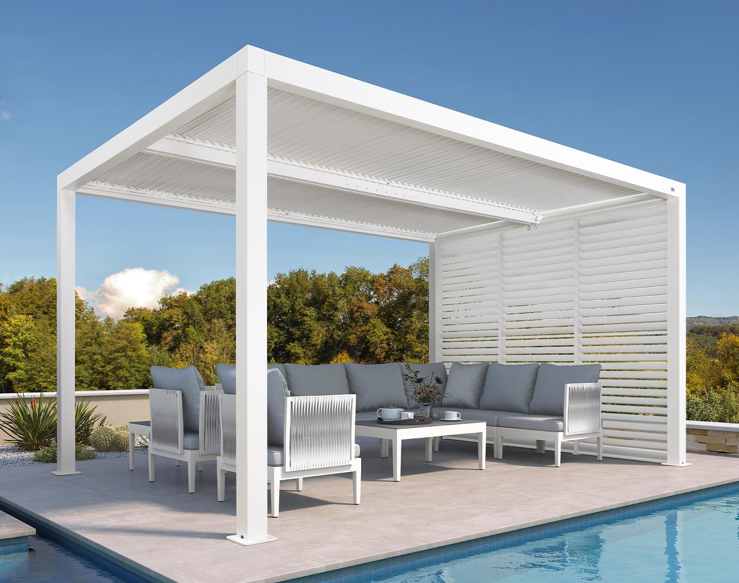 PURPLE LEAF Louvered Pergola 10' x 14' Outdoor White Aluminum Pergola with Fixed Shutter Wall Adjustable Roof Gazebo for Patio Backyard, 1 Short Side