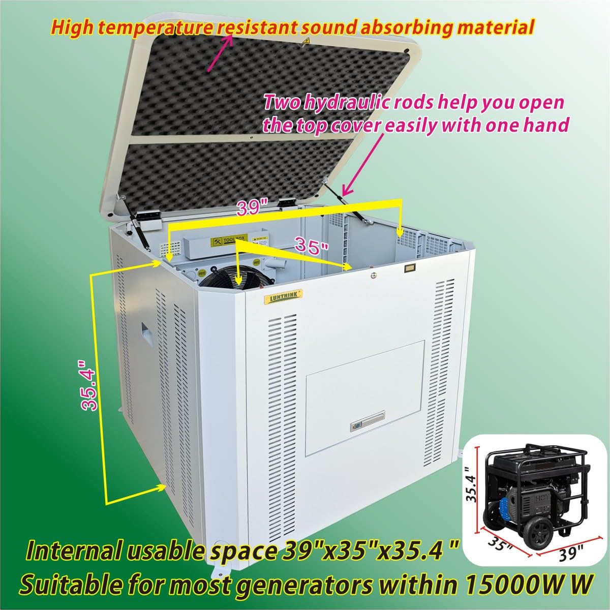 Generator Box, Generator Quiet Box Interior Space: 39.4' x 35' x 35.5'，with Ventilation, Heat Dissipation and Impact Resistance