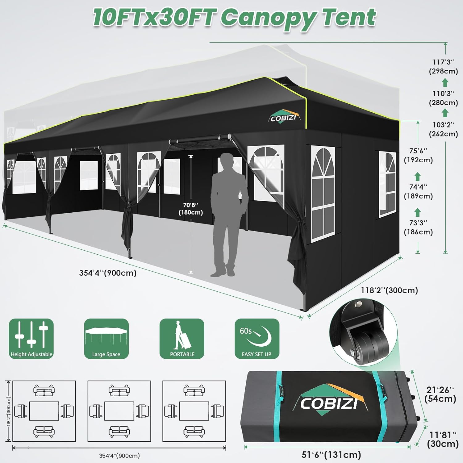 COBIZI 10x30 Pop Up Canopy Tent with 8 Removable Sidewalls, One Push Party Tent Outdoor Waterproof Event Canopy with Air Vent for Parties Commercial Wedding, 3 Height, Roller Bag, Sandbag, Black