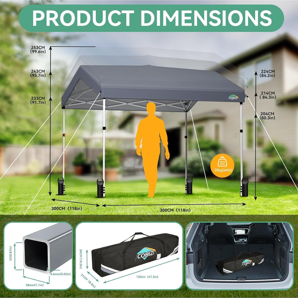 COBIZI 10x10 Pop Up Canopy with One Button Push Center Lock,Ez Up Portable Carport Without sidewall,Waterproof UV50+ Outdoor Party Commercial Carport Canopy with Carry Bag(10 x 10 ft Gray)