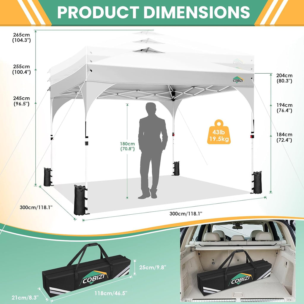 COBIZI 10x10 Pop Up Canopy Tent, Outdoor Party Tent with 3 Sidewalls, 1 Person Easy Set up, Tents for Parties with Fluorescent Strip & 4 Sandbags, Waterproof UPF50+, 3 Adjustable Height, White