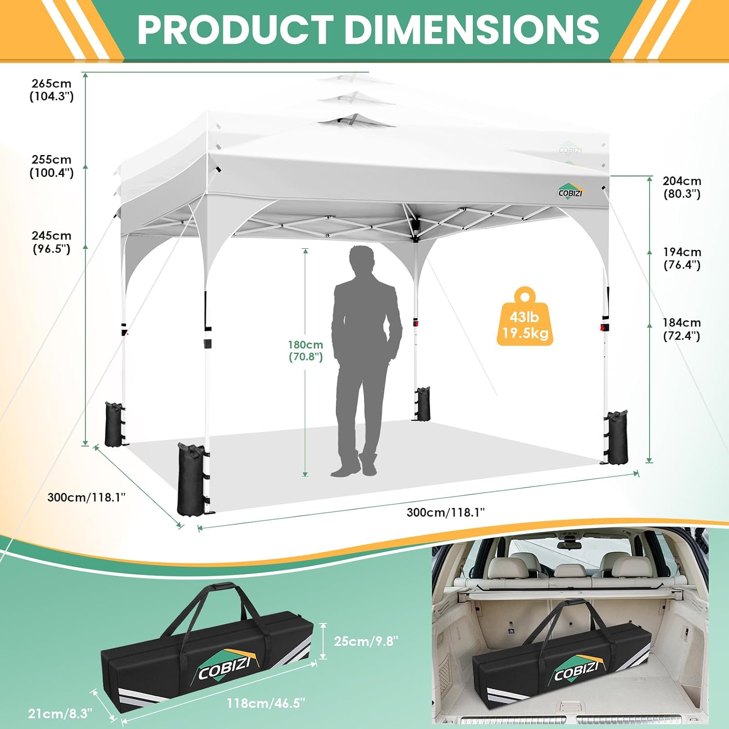 COBIZI 10x10 Pop Up Canopy Tent, Outdoor Party Tent with 3 Sidewalls, 1 Person Easy Set up, Tents for Parties with Fluorescent Strip & 4 Sandbags, Waterproof UPF50+, 3 Adjustable Height, White