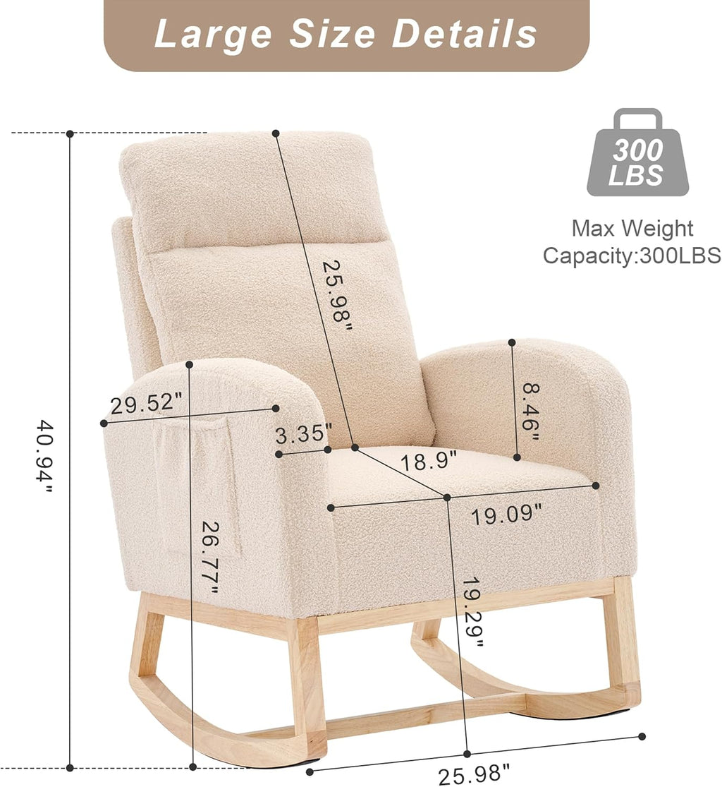 Nursery Rocking Chair with Solid Wood Legs, Glider Chair for Nursery with Side Pocket, Rocker Armchair for Living Room Bedroom (Beige, Teddy)