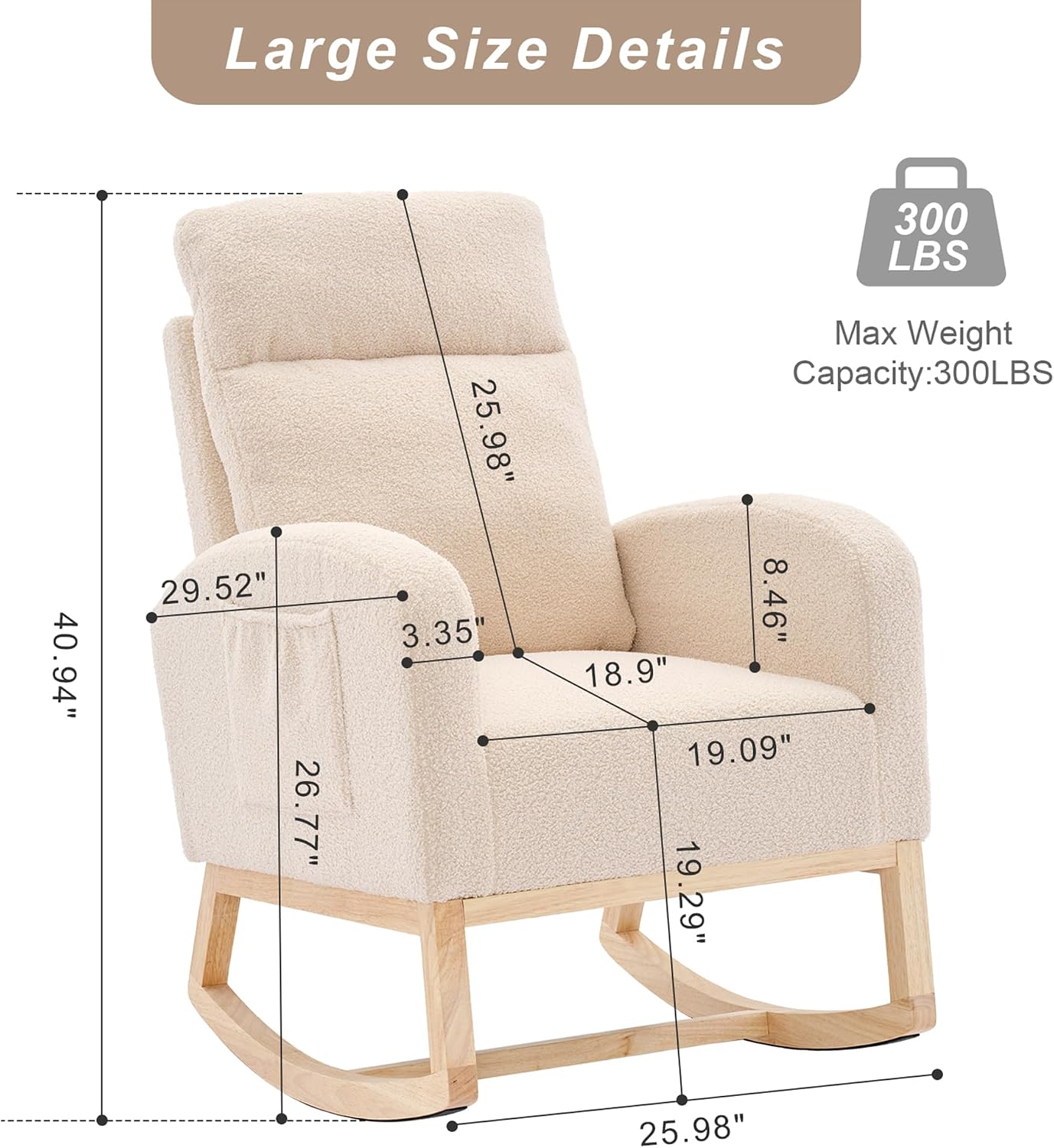 Nursery Rocking Chair with Solid Wood Legs, Glider Chair for Nursery with Side Pocket, Rocker Armchair for Living Room Bedroom (Beige, Teddy)