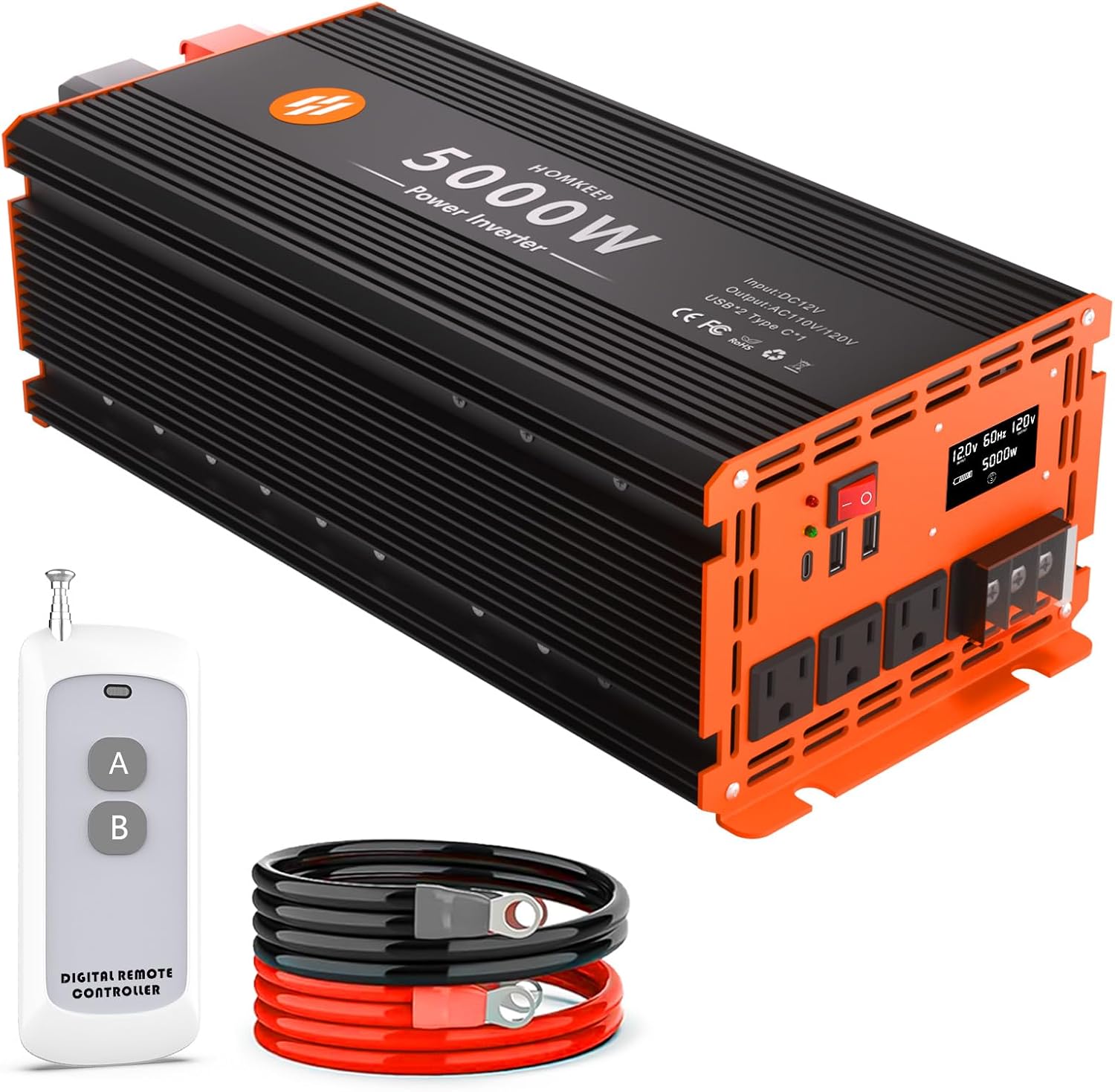 5000 Watt Power Inverter 12V DC to 110V/120V AC Converter Peak Power 10000W Car Inverter with LCD Display 3 AC Outlets, 2 USB & Type-C Port for RV,Truck,Off-Grid Solar System with Remote Controller