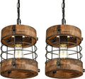 Retro Industrial Metal and Wood Farmhouse Chandeliers, 1-Light Round Cage Pendant Light Fixtures for Farmhouse Kitchen Island Foyer Hallway Bar Dining Room Restaurant, Brown, 2 Pack