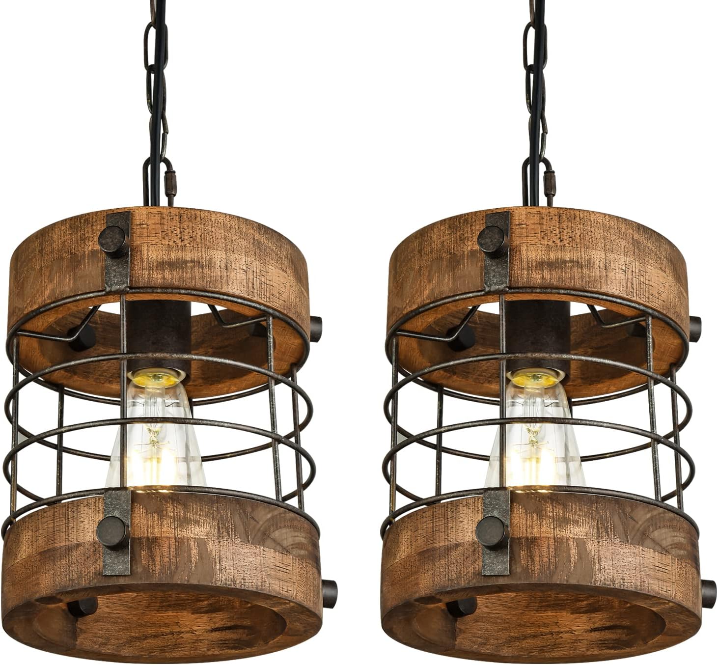 Retro Industrial Metal and Wood Farmhouse Chandeliers, 1-Light Round Cage Pendant Light Fixtures for Farmhouse Kitchen Island Foyer Hallway Bar Dining Room Restaurant, Brown, 2 Pack