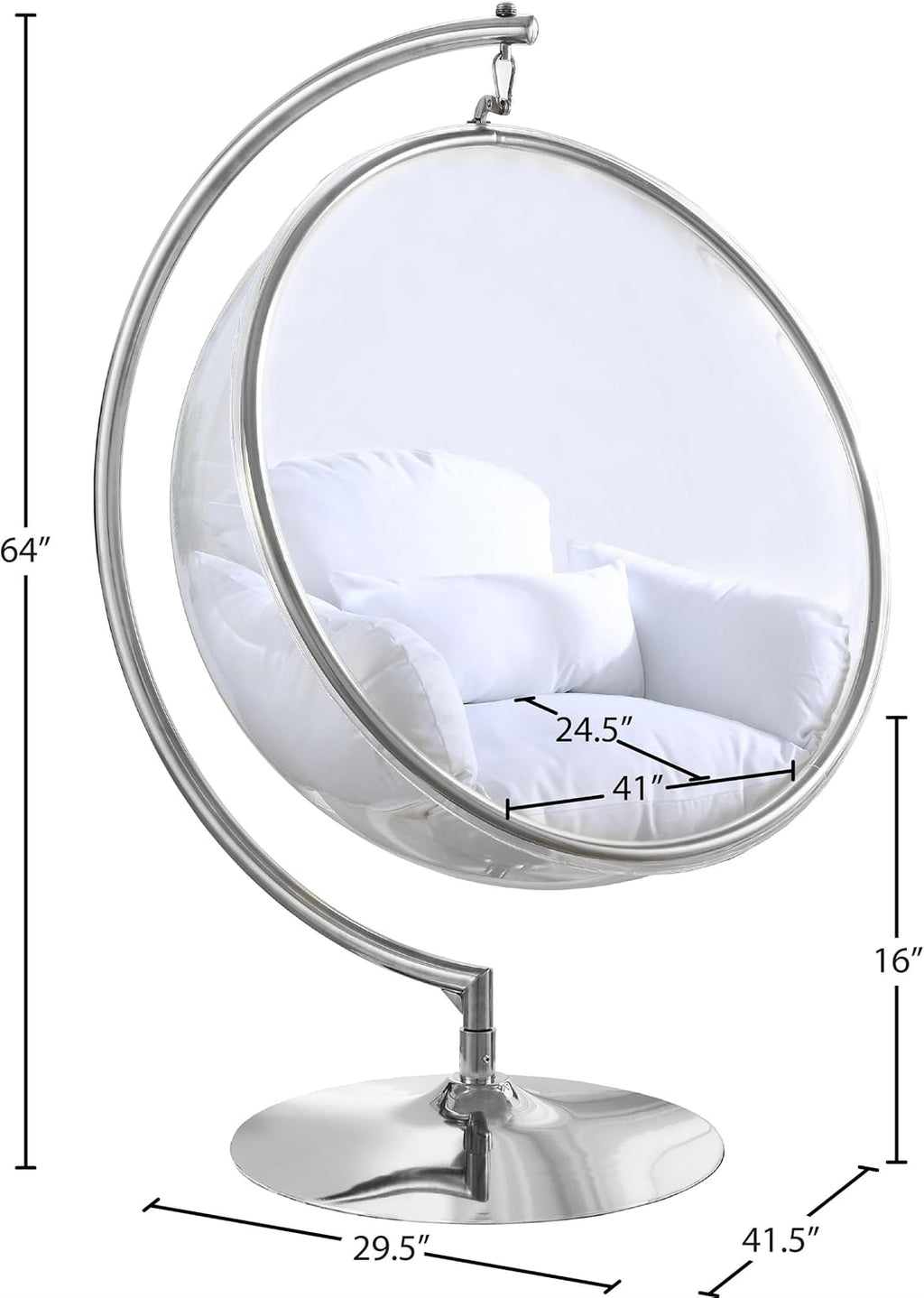 Meridian Furniture 507White Luna Collection Modern | Contemporary Clear Acrylic Accent Swing Chair with Durable Metal Base and Fabric Seat, White, Chrome Finish, 41.5' W x 29.5' D x 64' H