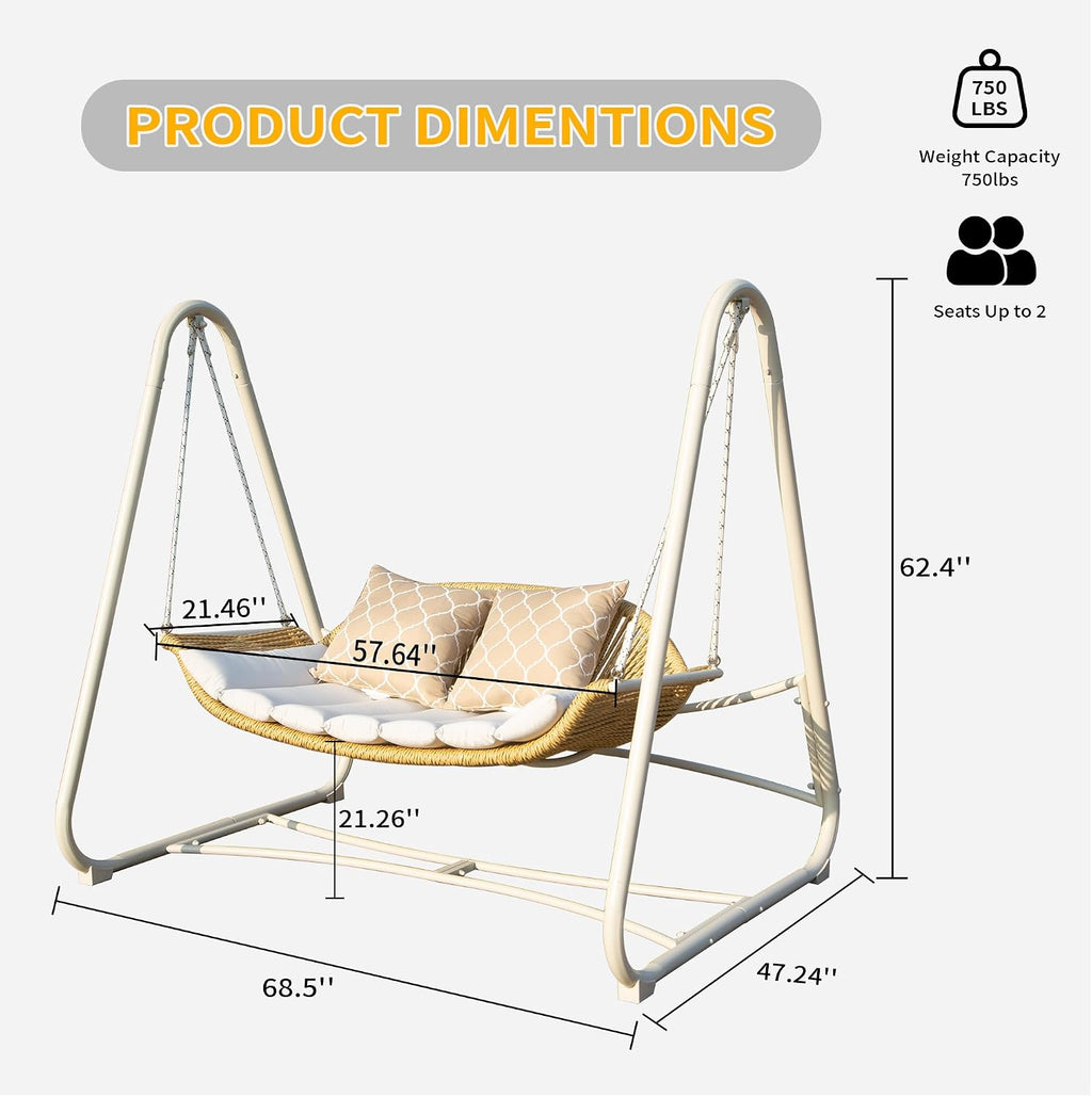 Domi Outdoor Patio Porch Swing, 2-Seat Hanging Swing Chair with Thickened Cushions and Pillow, Rattan Porch Swing Chair Outdoor Hammock Chair for Porch, Backyard, Garden