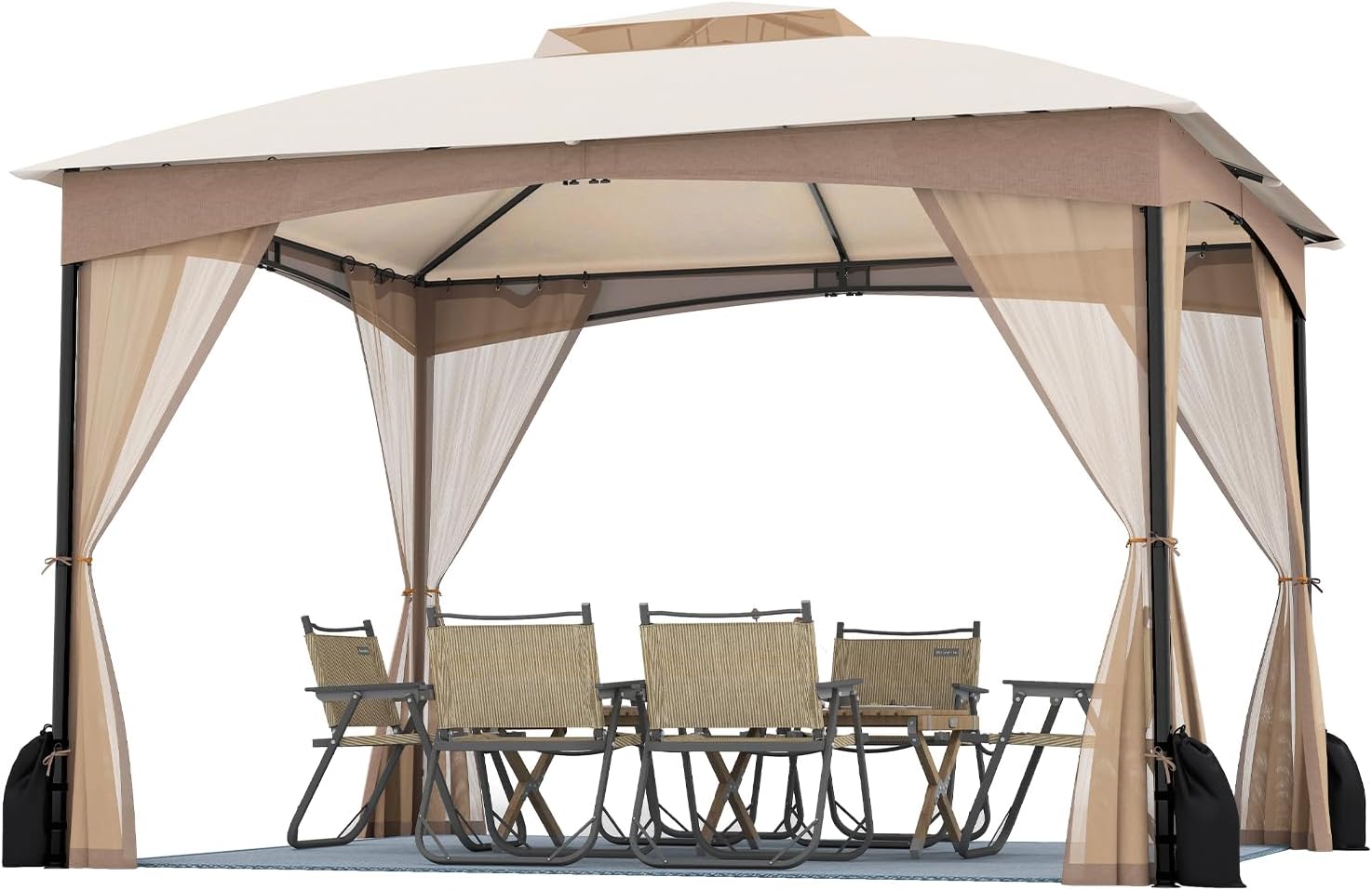 Tangkula 10x12 FT Outdoor Gazebo with Netting, Double Roof Patio Shelter with 4 Sandbags, Zippered Doors, Heavy-Duty Metal Frame, Metal Patio Gazebo for Yard Garden Lawn (Khaki)