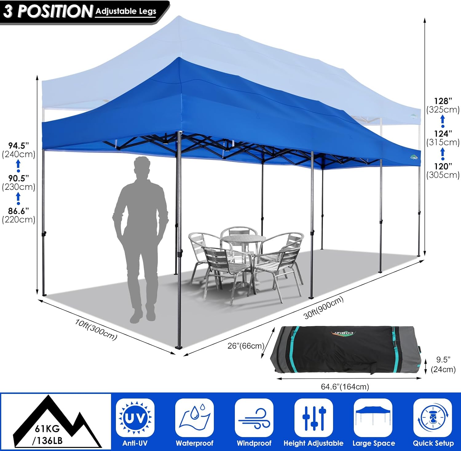 COBIZI 10x30 Heavy Duty Pop up Canopy with 8 sidewalls Stable Wedding Outdoor Tents for Parties Canopy Pop Up Party Tent UPF 50+ Waterproof Commercial Gazebo with Roller Bag, Blue(Windproof Upgraded)