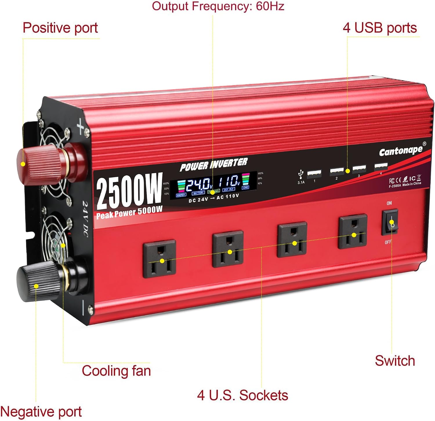 Cantonape 2500W Power Inverter 24V to 110V/120V DC to AC with LCD Display, Remote Controller 4 x AC Outlets and 4 x 3.1A USB Car Adapter for Car Truck Boat RV Solar System