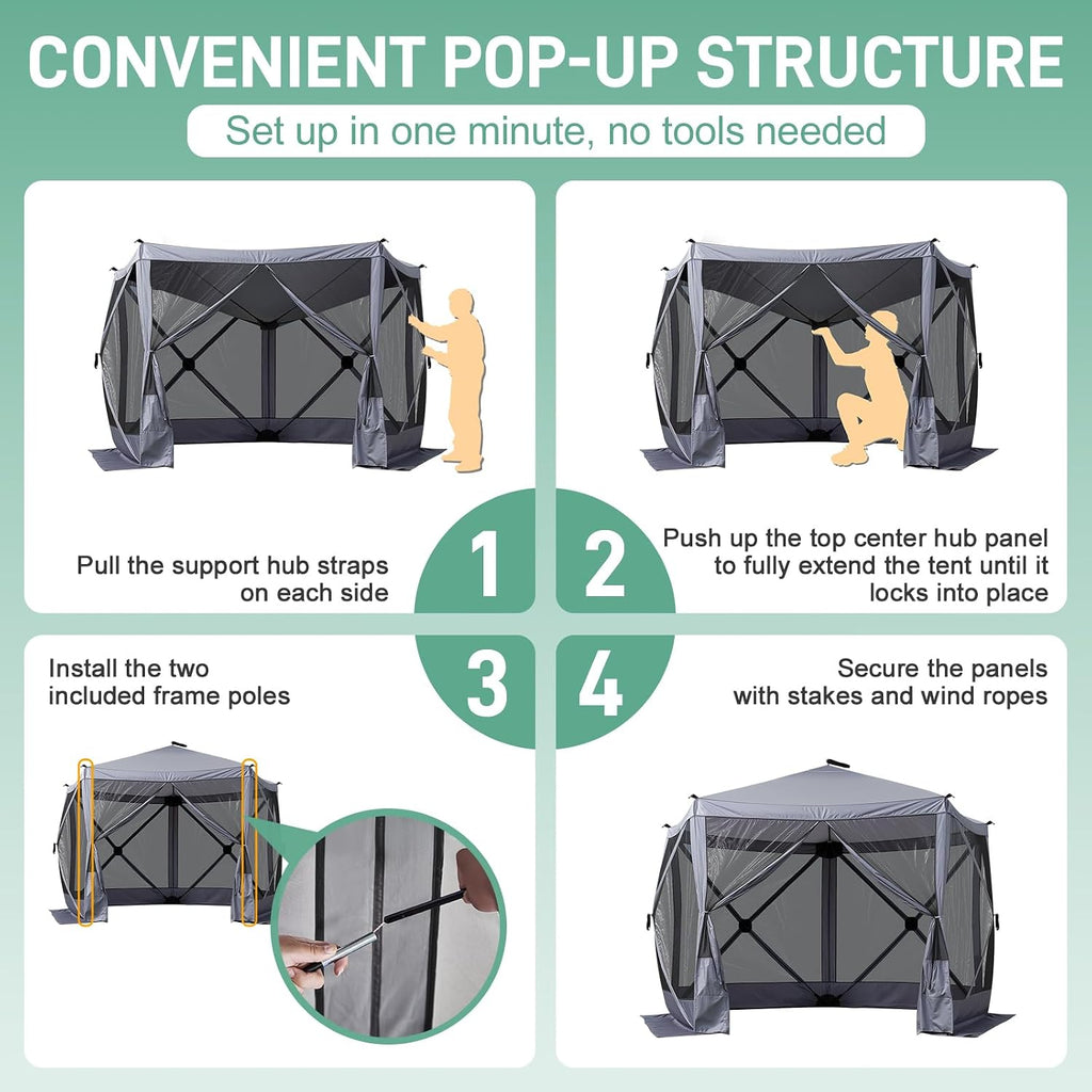 VINGLI 10x10 Pop Up Gazebo Tent, Portable Easy Up Screen Tent for Camping with Mosquito Netting, Camping Canopy Shelter with Carry Bag, Ground Stakes
