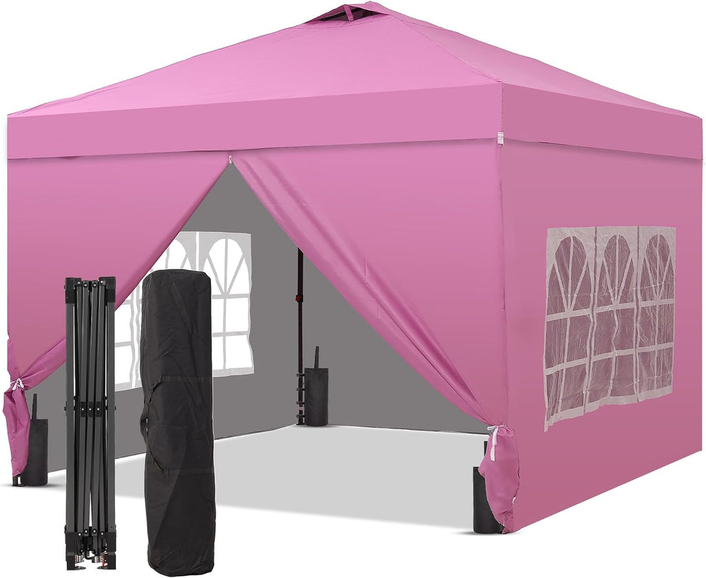 GDY 10x10 Pop Up Canopy Tent with 4 Sidewalls, Easy Set up with One Push Lift Outdoor Silver Coated Beach Gazebos, Carpas with 4 Sandbags, for Outdoor, Parties,Camping, Light Pink.