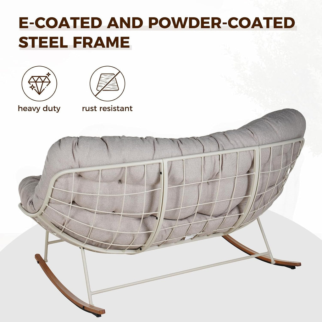 Grand patio Rocking Chair Outdoor, Oversized Rocking Chair for 2 with E-Coated Steel Frame and Thick Cushion, Comfy Papasan Loveseat Rocker for Patio Porch Deck