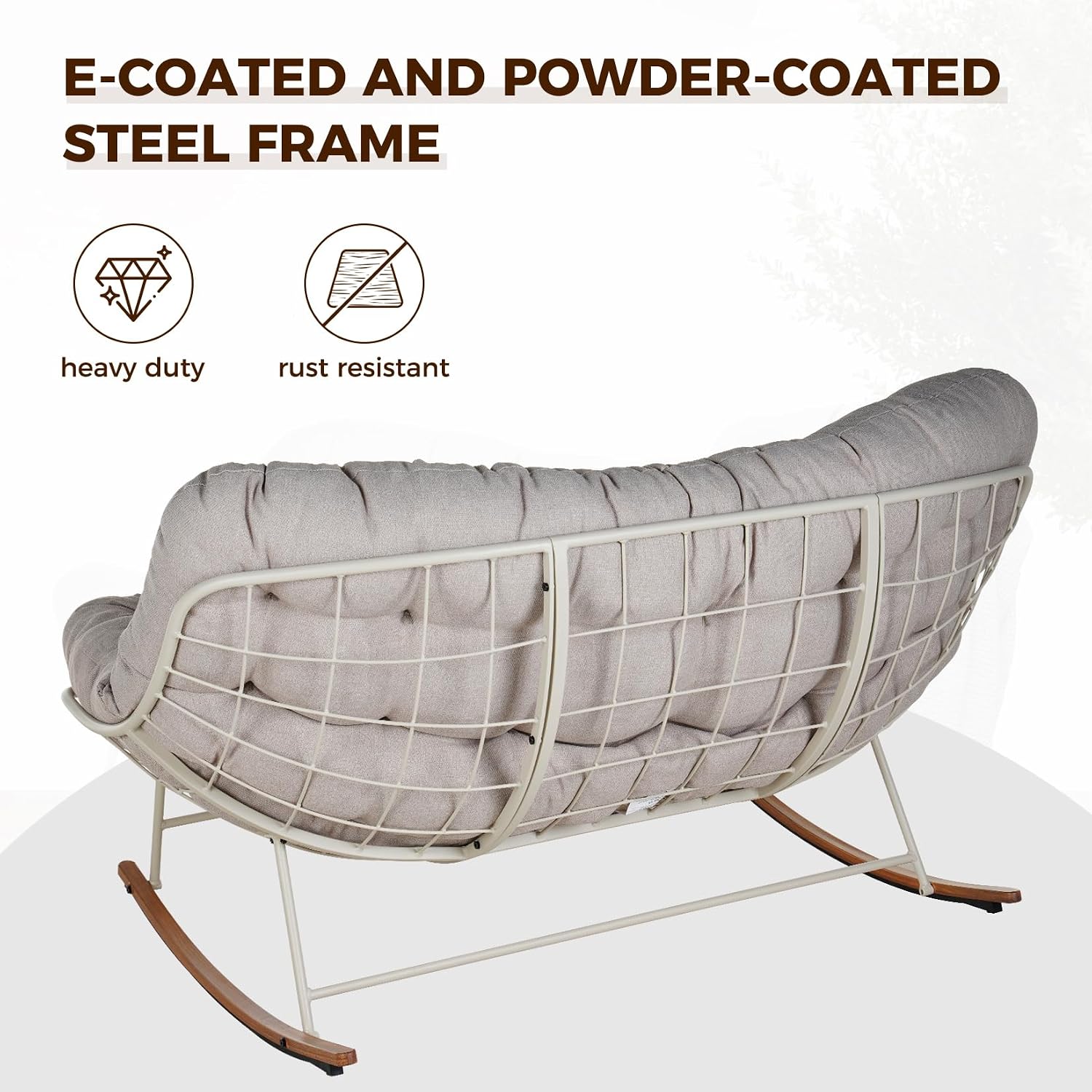 Grand patio Rocking Chair Outdoor, Oversized Rocking Chair for 2 with E-Coated Steel Frame and Thick Cushion, Comfy Papasan Loveseat Rocker for Patio Porch Deck