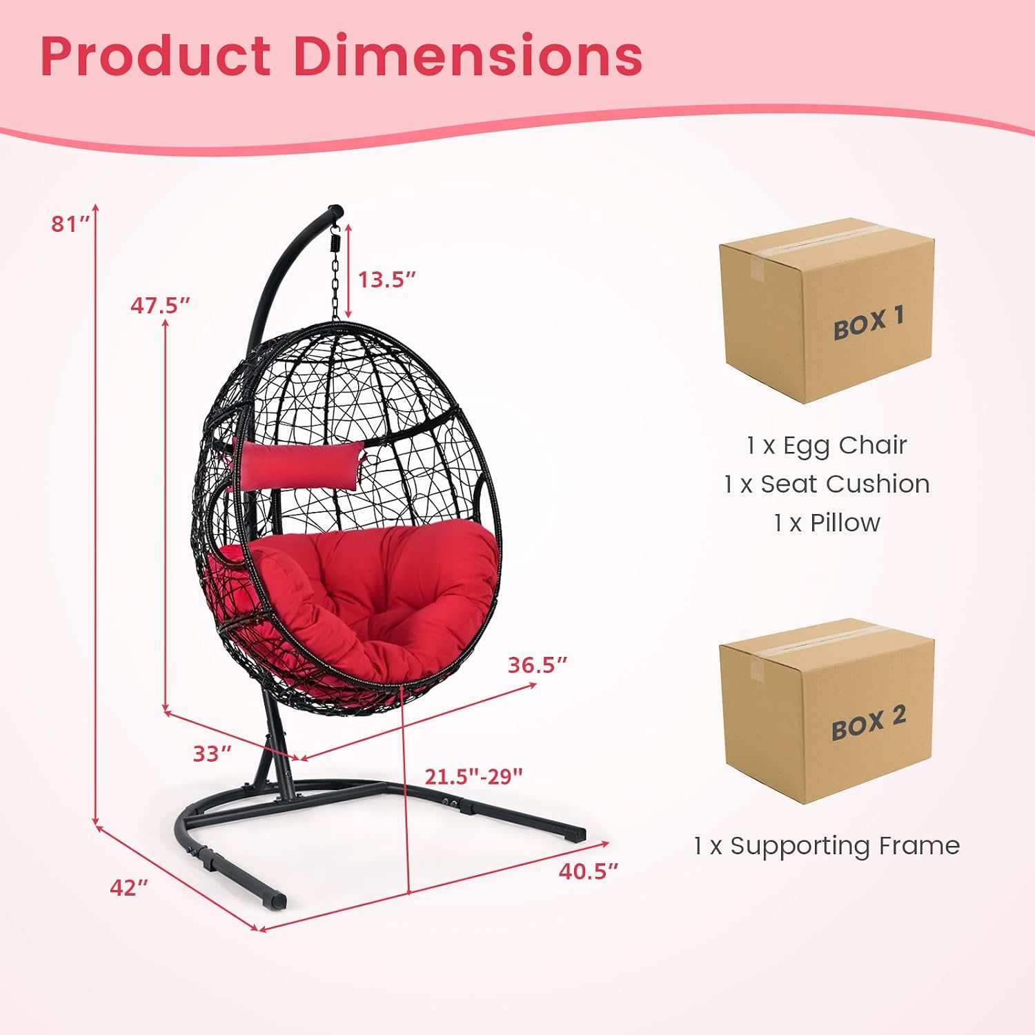 Tangkula Egg Chair with Stand, Hanging Egg Swing Chair with Removable Seat Cushion & Headrest, All-Weather Indoor Outdoor Hanging PE Wicker Egg Chairs for Outside, Balcony, Bedroom (Red)