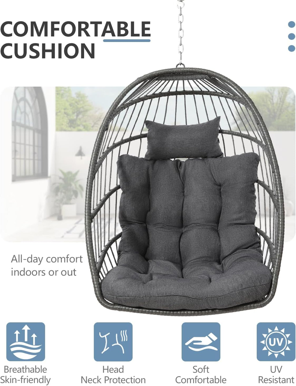 SWITTE Egg Chair Outdoor with Stand, Indoor Wicker Hanging Egg Swing Chair with Cushion, 350lbs Capacity for Patio, Bedroom, Garden - Dark Grey