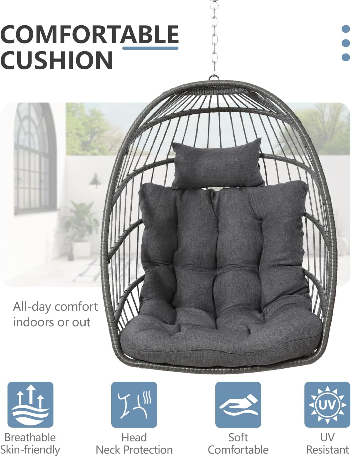 SWITTE Egg Chair Outdoor with Footrest & Stand, Indoor Wicker Hanging Egg Swing Hammock Chair with Cushion for Patio, Bedroom, Garden - Charcoal
