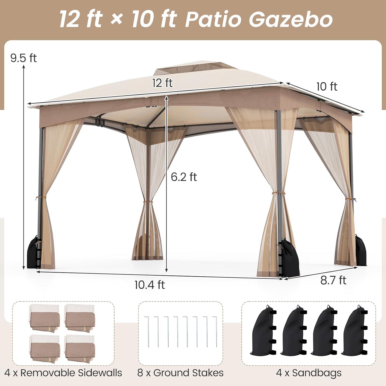 Tangkula 10x12 FT Outdoor Gazebo with Netting, Double Roof Patio Shelter with 4 Sandbags, Zippered Doors, Heavy-Duty Metal Frame, Metal Patio Gazebo for Yard Garden Lawn (Khaki)