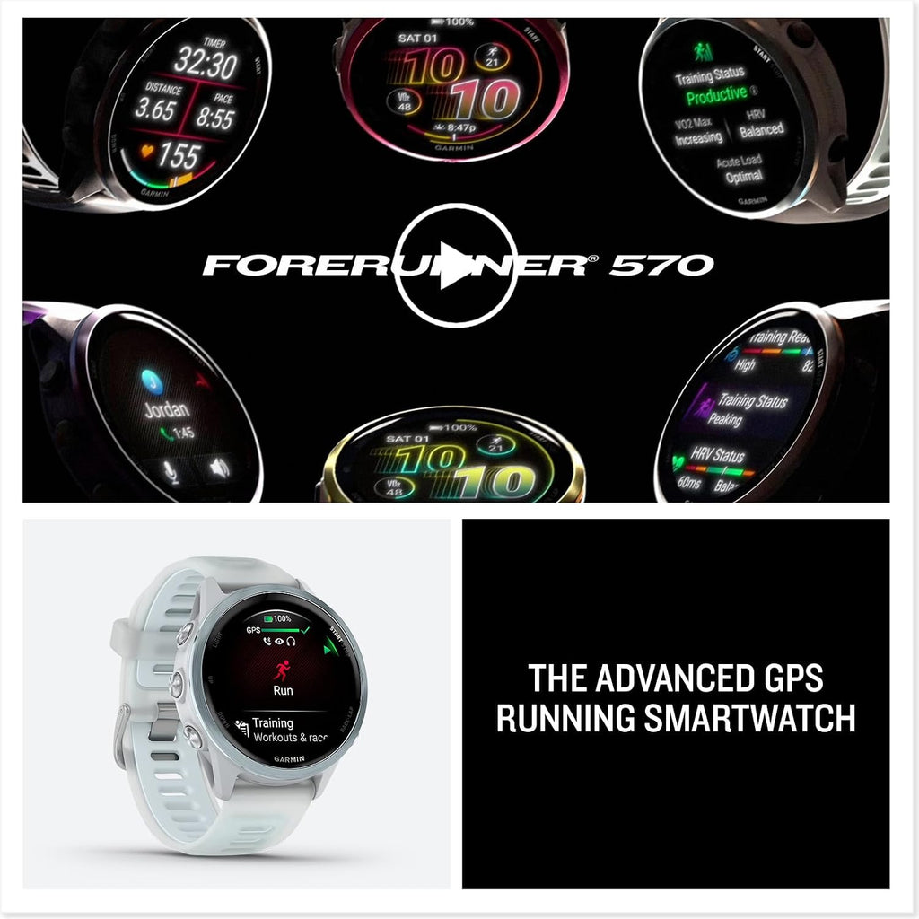 Garmin Forerunner 570 (42 mm, Cloud Blue/Translucent Whitestone) Running GPS Smartwatch - AMOLED Display, Training - Gift Box Bundle with PlayBetter HD Screen Protectors, Wall Adapter & Case