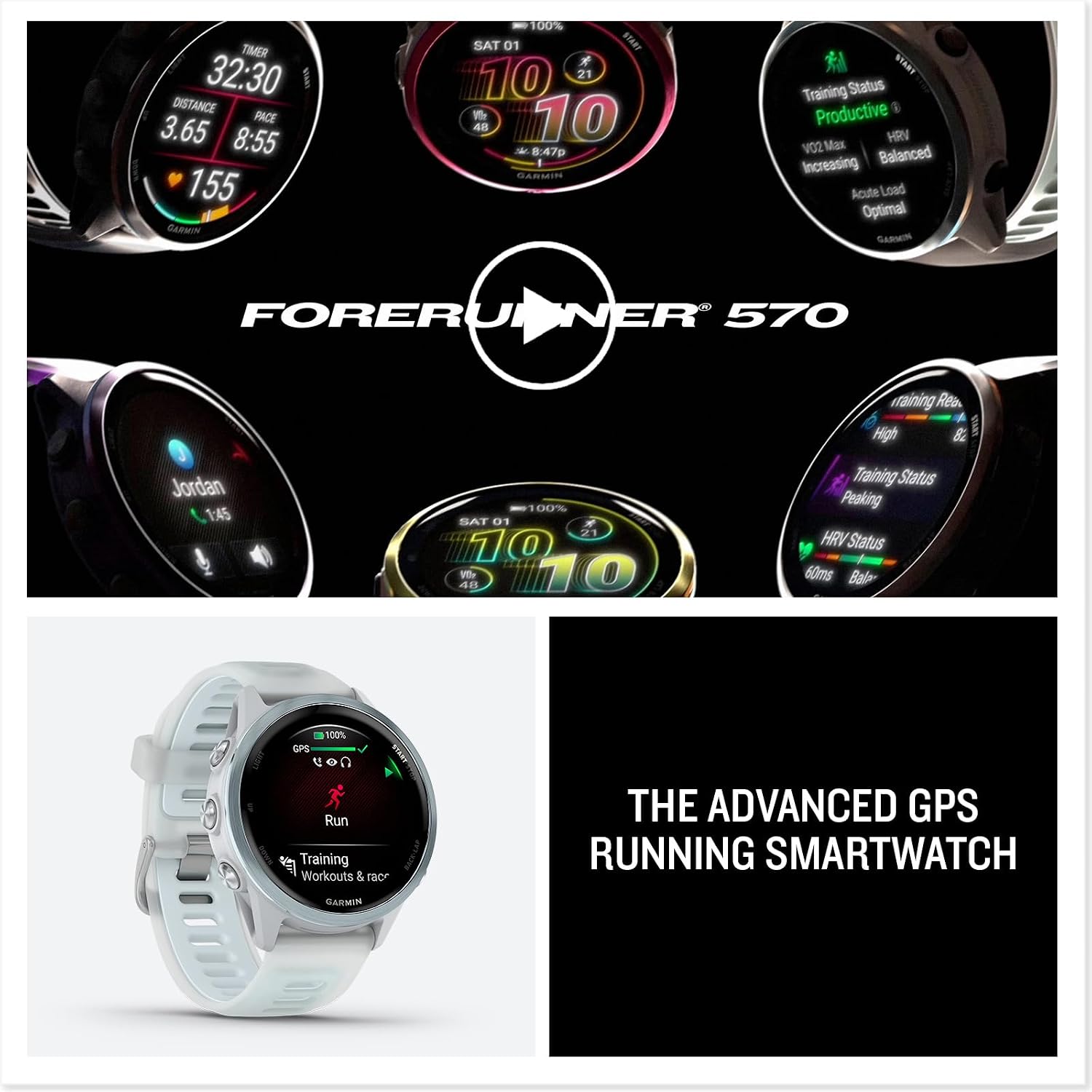 Garmin Forerunner 570 (42 mm, Cloud Blue/Translucent Whitestone) Running GPS Smartwatch - AMOLED Display, Training - Gift Box Bundle with PlayBetter HD Screen Protectors, Wall Adapter & Case