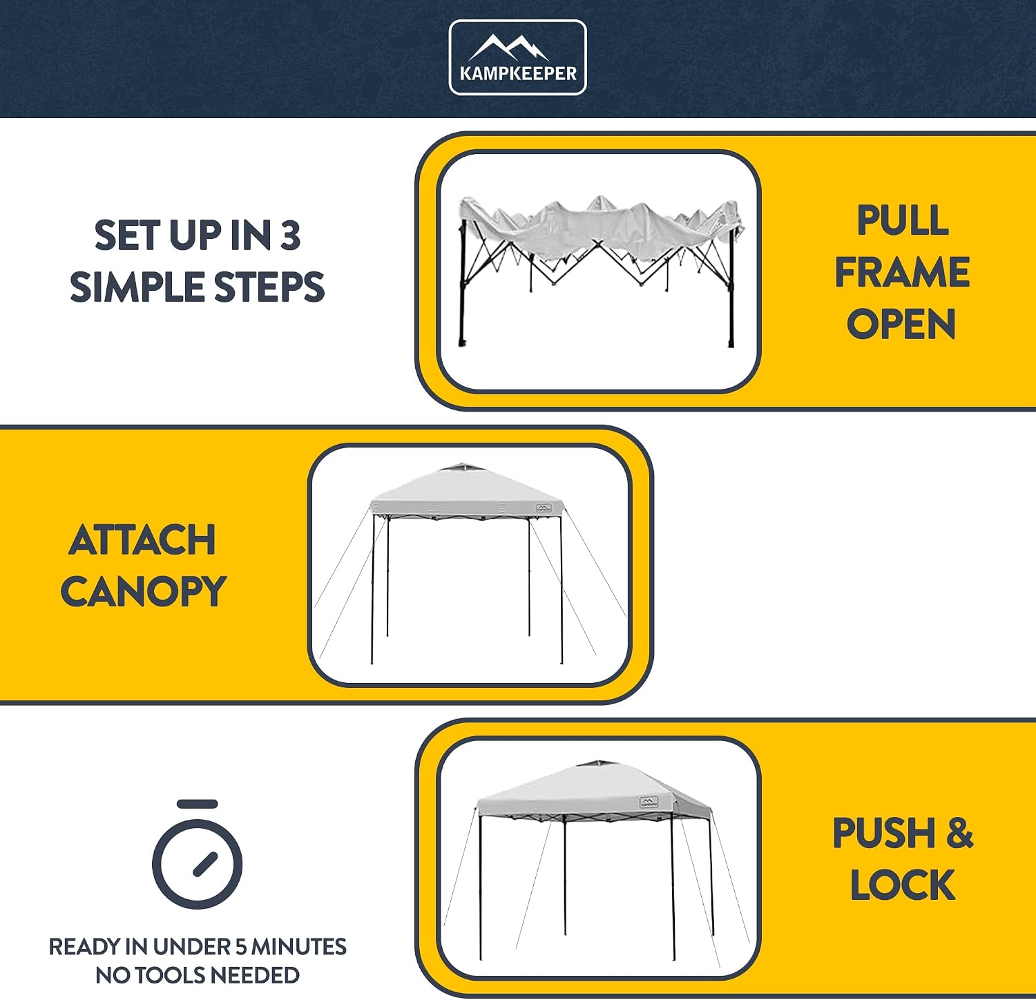KAMPKEEPER 10x10 Pop-Up Canopy Tent, Waterproof, Portable Shade with Side Walls, Adjustable Instant Outdoor Shelter for Camping, Backyard, and Events, White