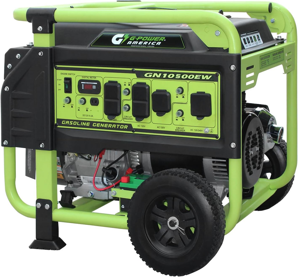 Green-Power America 10500 Watt Gasoline Powered Generator, Electric & Recoil Start, 120V/240V, 12V/8.3A Outlet, Whole House Backup, RV & Job Site Ready, EPA Approved