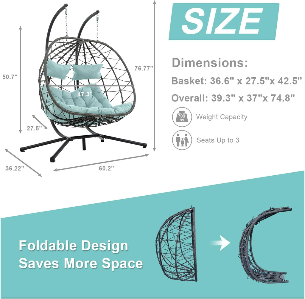 Double Egg Swing Chair with Stand, 2 Person Outdoor Indoor Hammock Hanging Chair with Cushion,Patio Wicker Hanging Egg Chair w/Cushion 700LBS Capacity for Bedroom, Balcony, Garden