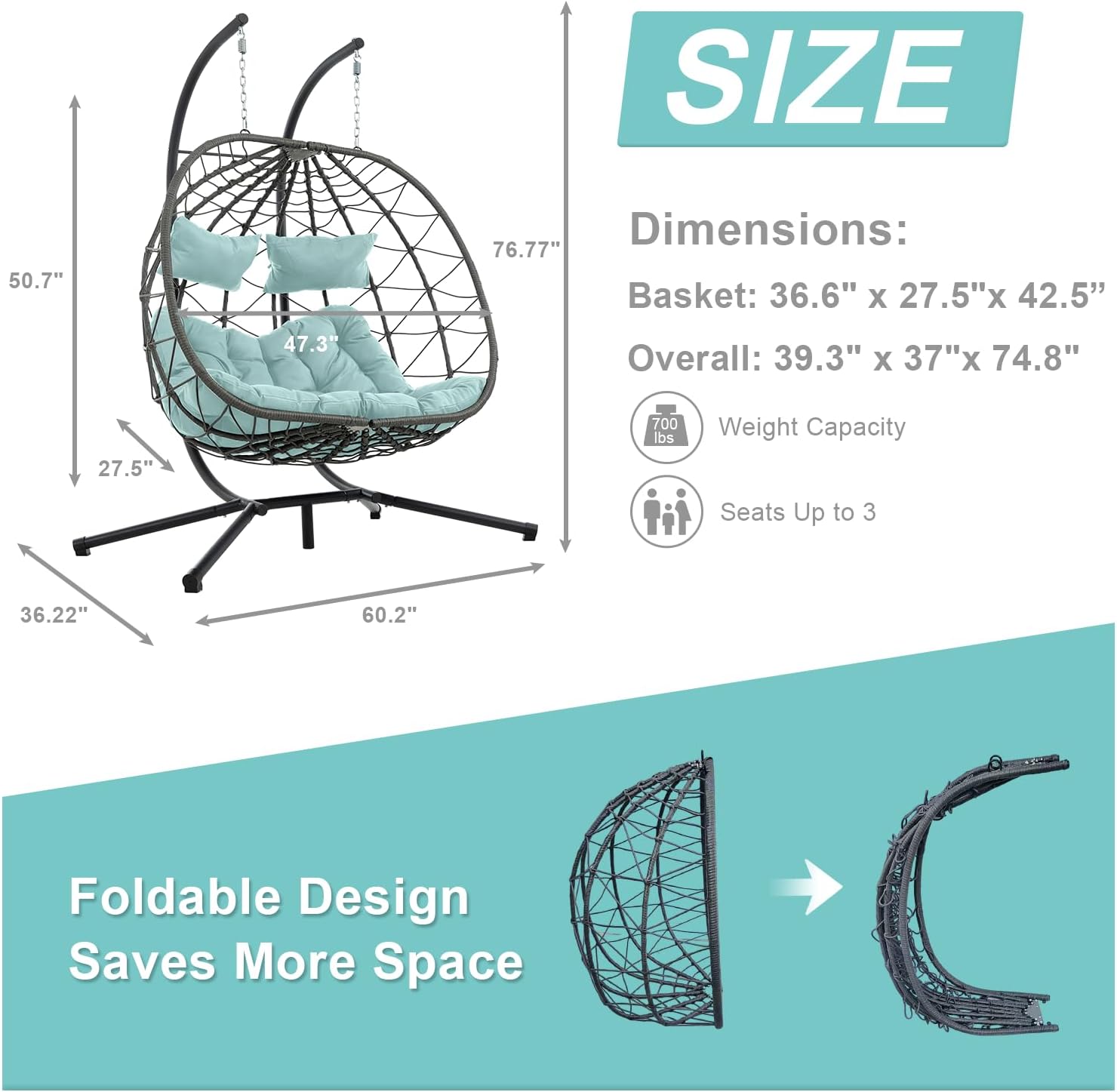 Double Egg Swing Chair with Stand, 2 Person Outdoor Indoor Hammock Hanging Chair with Cushion,Patio Wicker Hanging Egg Chair w/Cushion 700LBS Capacity for Bedroom, Balcony, Garden
