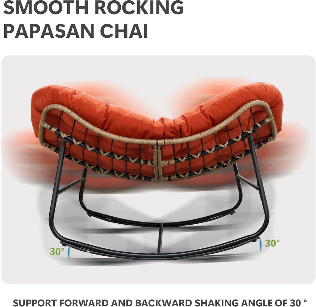 Papasan Rocking Chair, Oversized Papasan Chair with Cushion and Frame for Indoor& Outdoor, Deep Seat Egg-Shaped Rocker Chair for Garden, Deck, Living Room, Orange