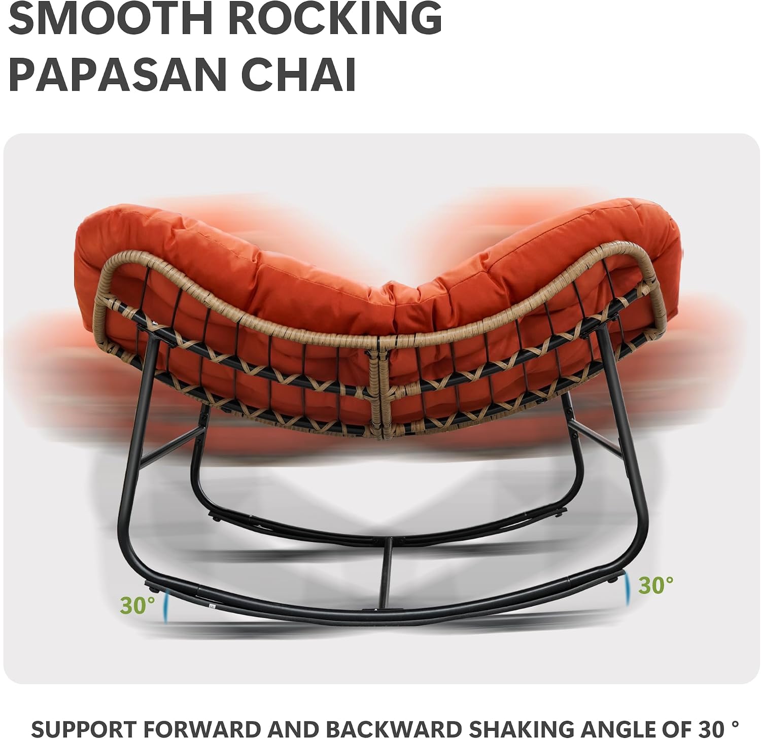 Papasan Rocking Chair, Oversized Papasan Chair with Cushion and Frame for Indoor& Outdoor, Deep Seat Egg-Shaped Rocker Chair for Garden, Deck, Living Room, Orange