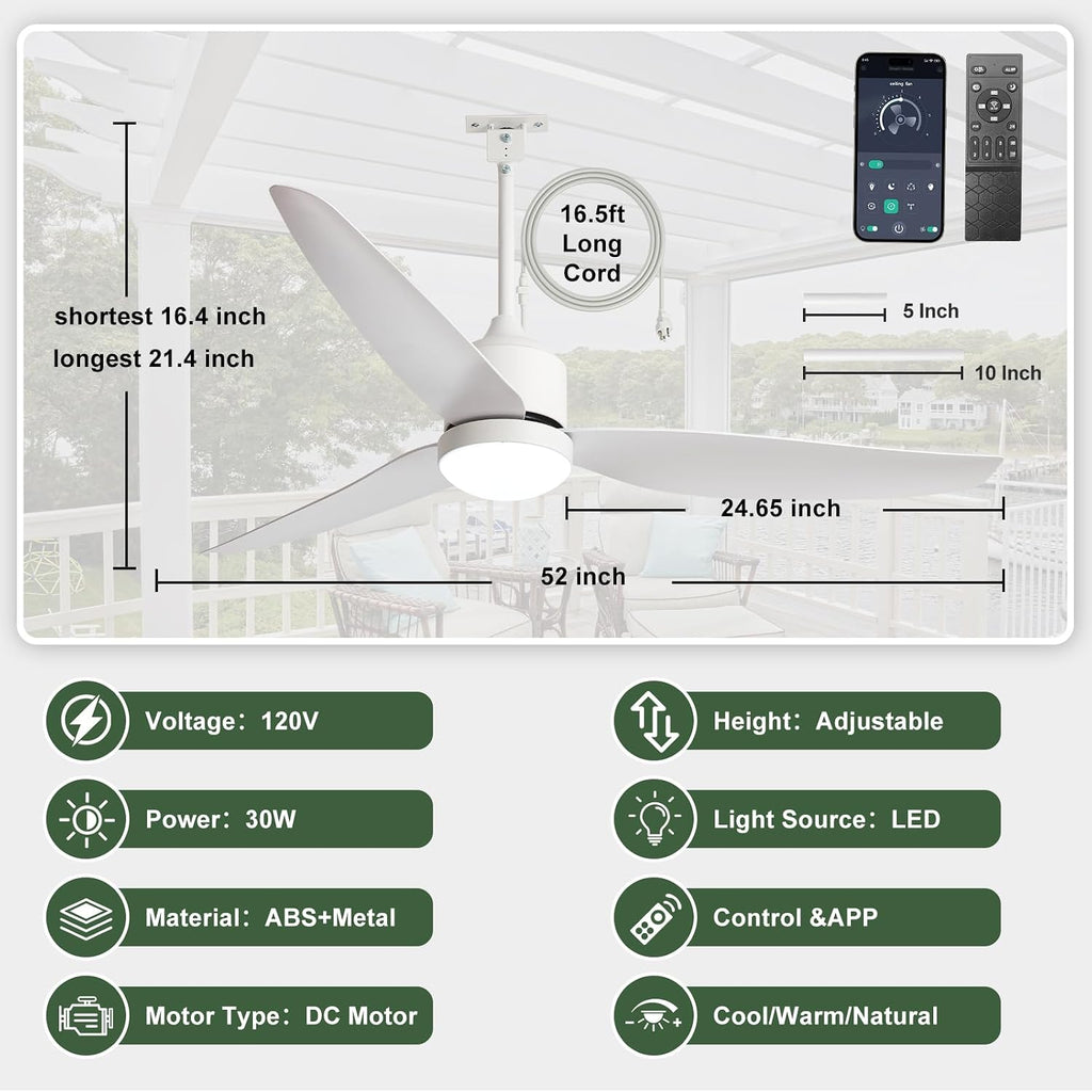 Outdoor Ceiling Fan with Light: 52' White Hanging Fan for Gazebo Waterproof - Plug In Outdoor Fans for Patio Porch Pergola with APP Remote Control Reversible DC Motor